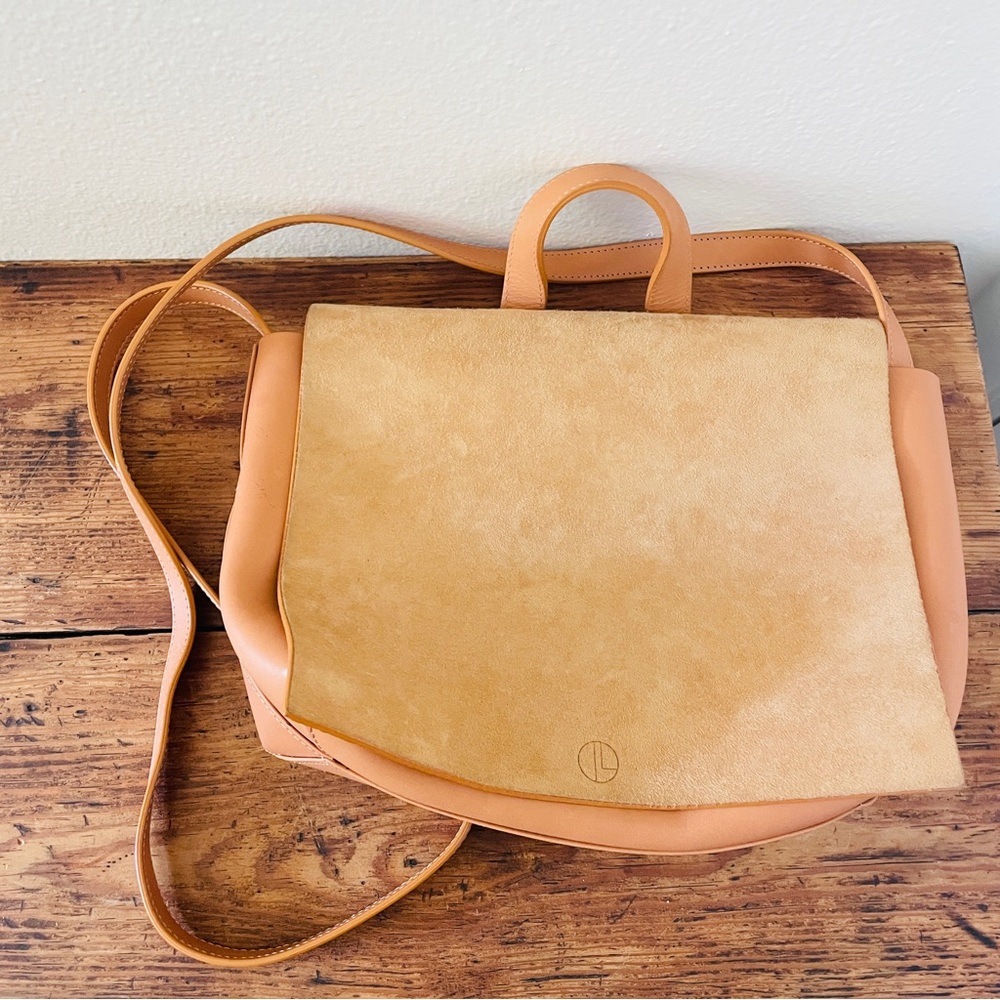Janessa Leone Joan Suede & Leather Crossbody Satchel Bag -Camel Nude/ Tan Peach - Picture 2 of 10